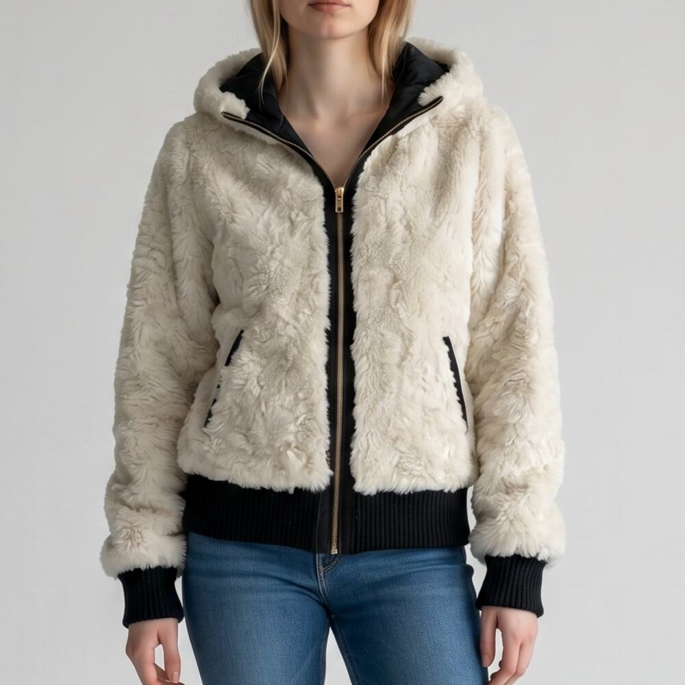 Womens Jacket Size Medium White Black Furry Fuzzy Soft Winter Fall Cozy Hooded
